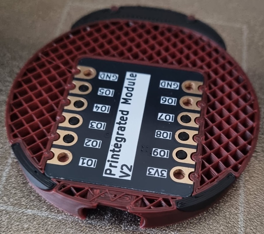 Photo of a part-finished 3D print of a ladybird. The infill is exposed and a PCB is slotted flush inside over black columns.