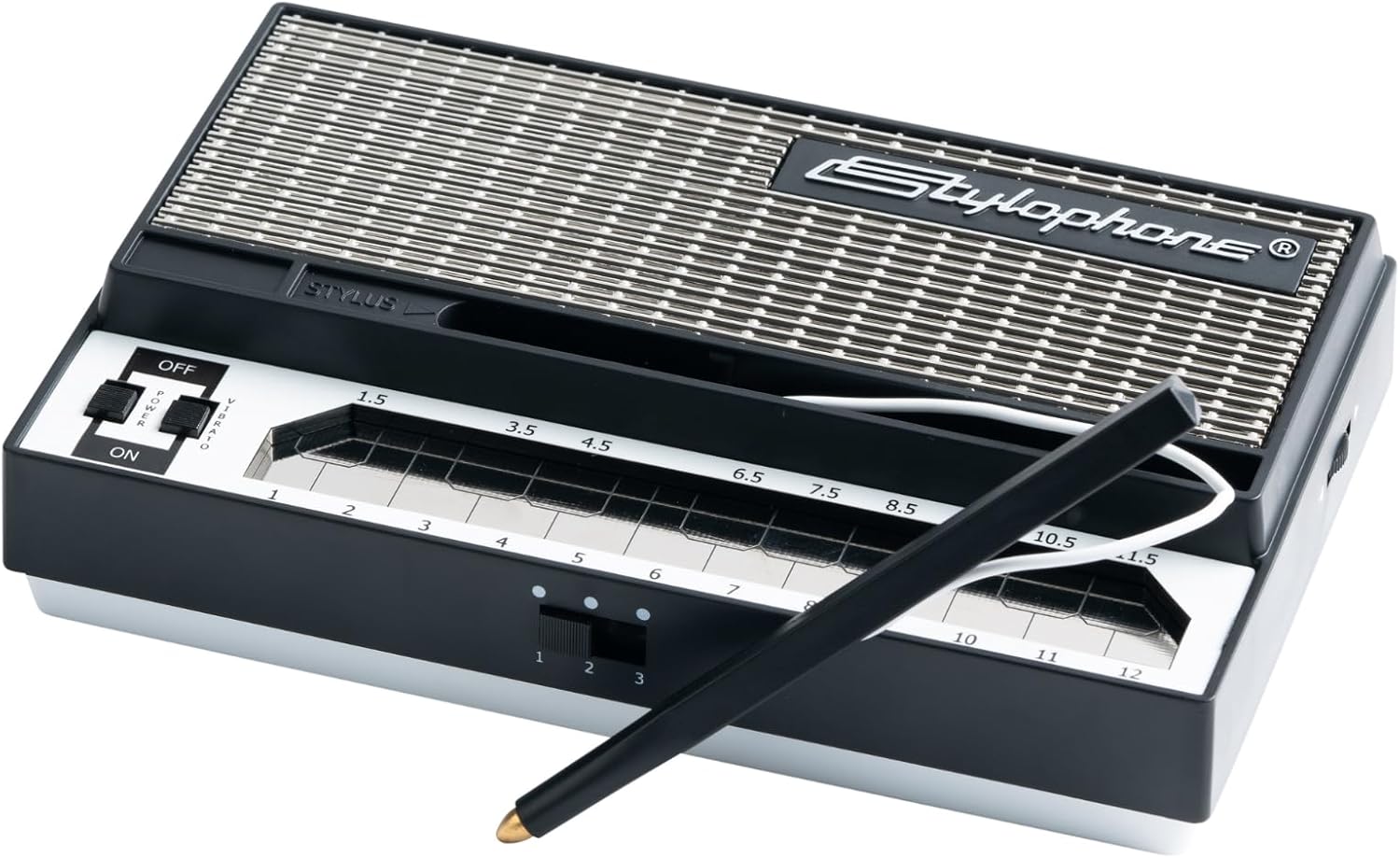Photo of a Stylophone, it's made of black and silver plastic, with shiny metal pads for keys and a large speaker grille.